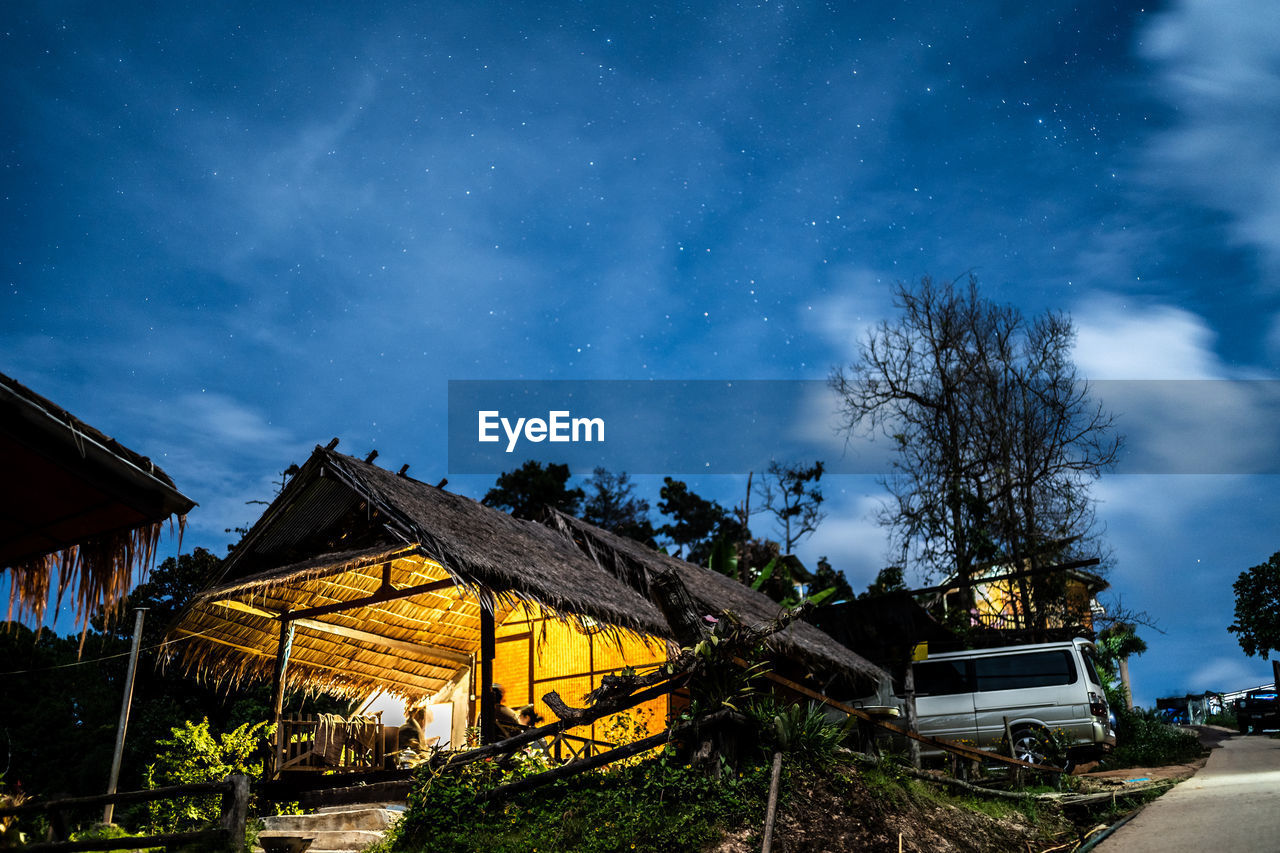 LOW ANGLE VIEW OF HOUSE AND TREES ON FIELD AGAINST SKY