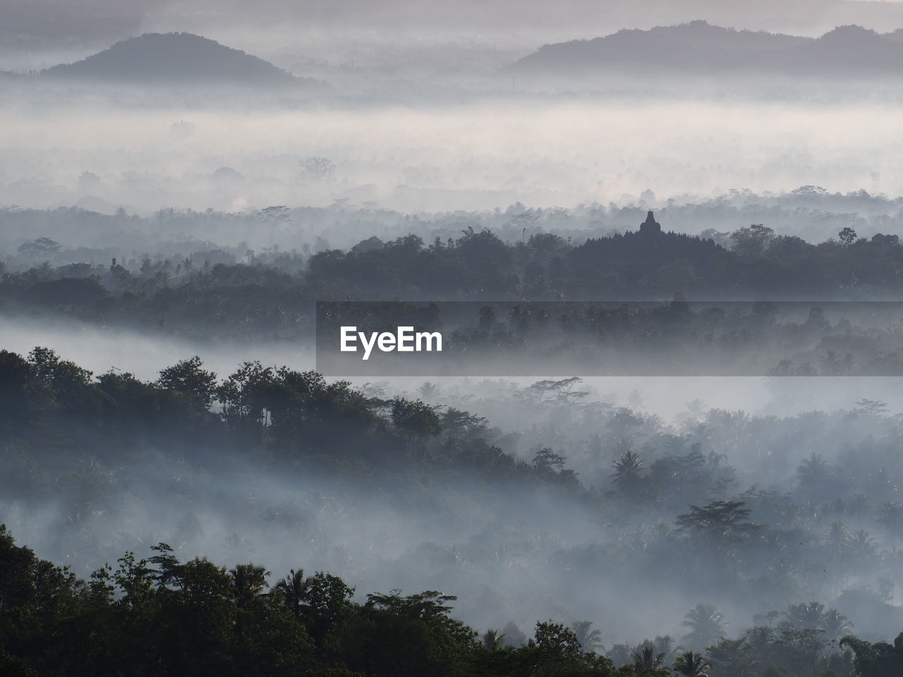 Scenic view of trees and mountains against sky