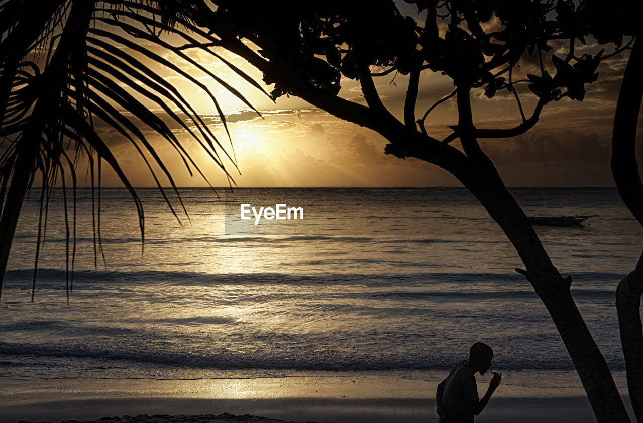 Silhouette of people looking at sea during sunset