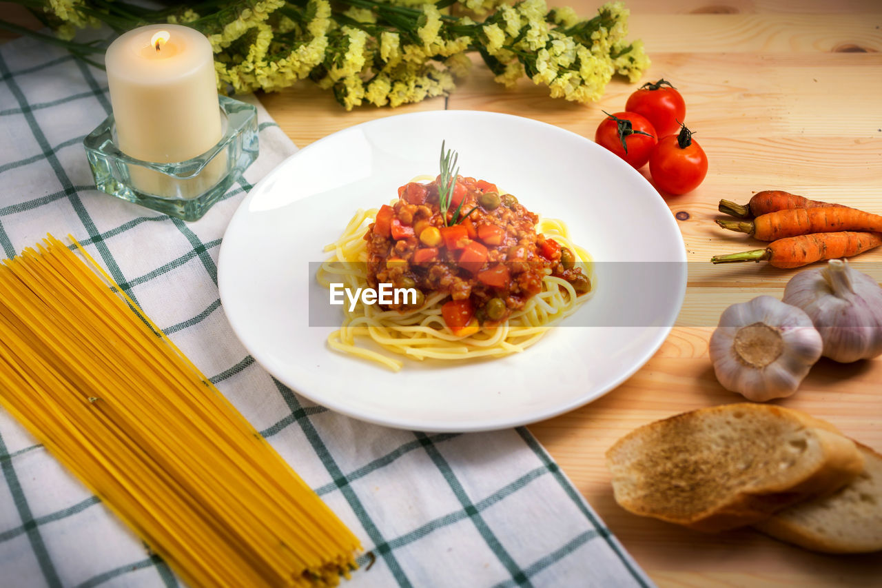 High angle view of breakfast served on table