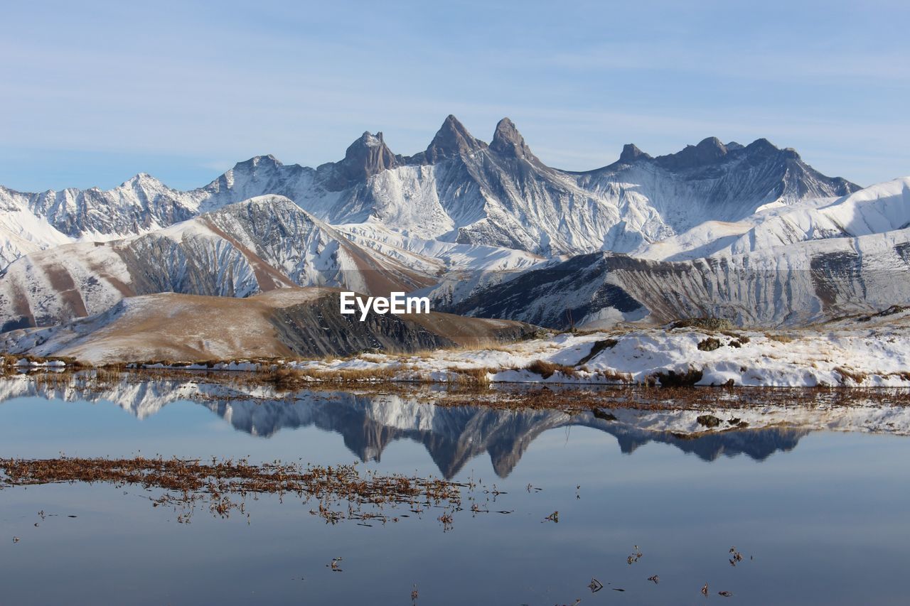 Scenic view of lake and mountains against sky