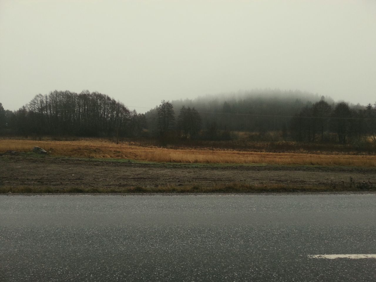 Road in front of foggy field against clear sky