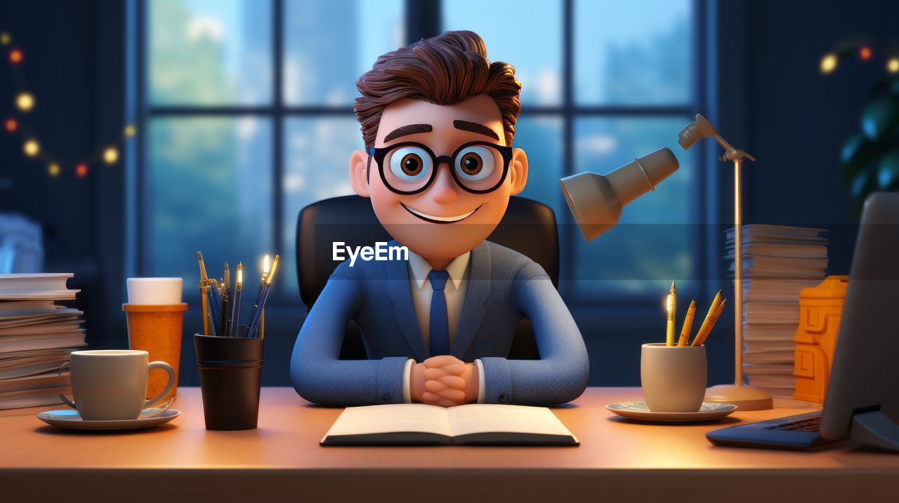 cartoon, business, one person, table, child, men, adult, fun, emotion, childhood, happiness, office, desk, technology, smiling, businessman, humor, cheerful, communication, eyeglasses, cute, glasses, portrait, indoors, food and drink, computer, business finance and industry, coffee, occupation, furniture, sitting, front view, screenshot, cup, drink, women