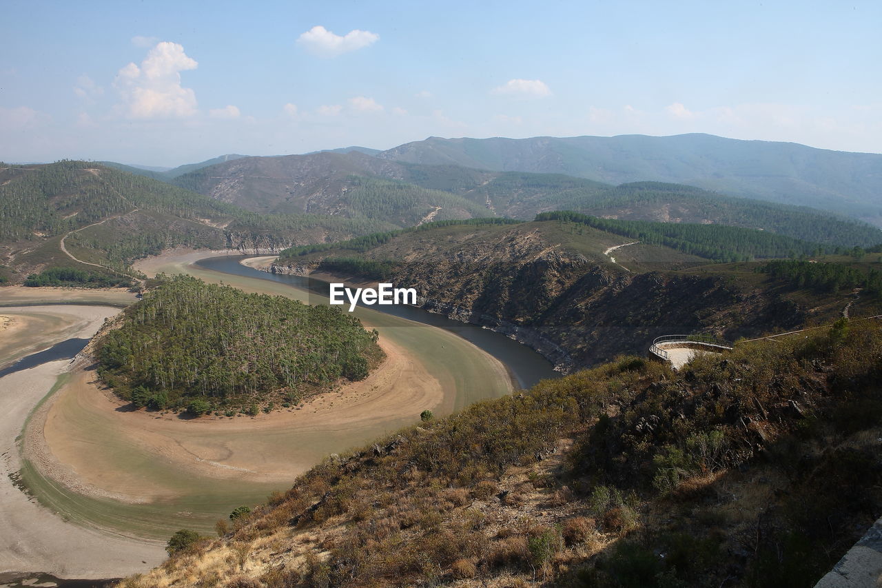 AERIAL VIEW OF LANDSCAPE AND MOUNTAIN AGAINST SKY