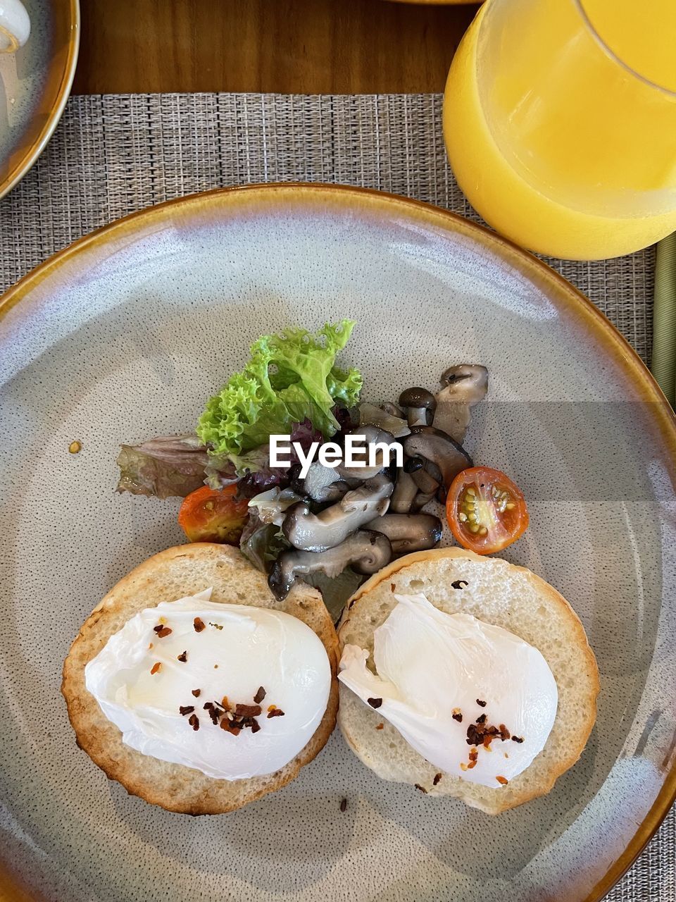 High angle view of breakfast served on table