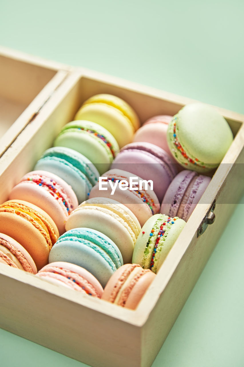 CLOSE-UP OF MULTI COLORED CANDIES IN BOX