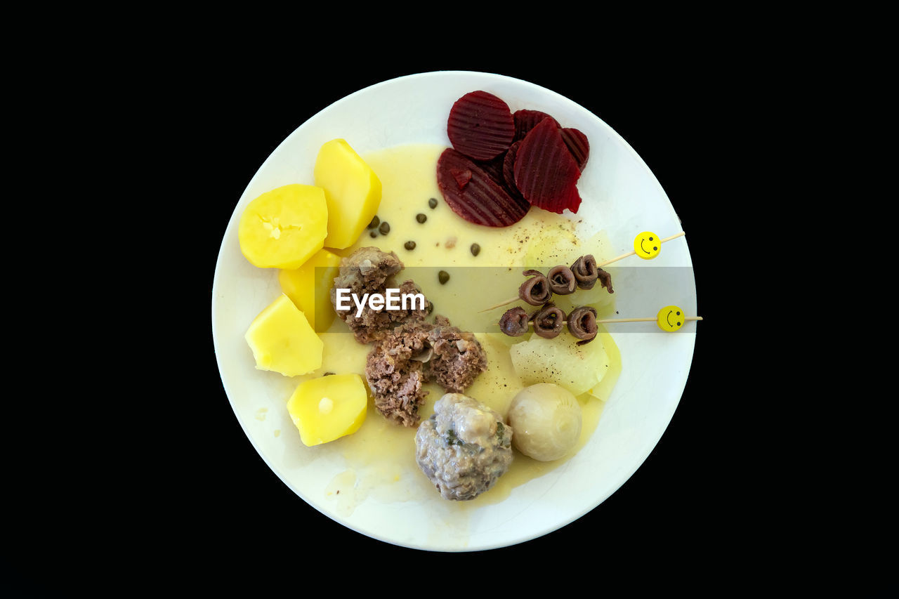 food and drink, food, black background, freshness, fruit, plate, healthy eating, indoors, sweet food, dessert, studio shot, ice cream, produce, breakfast, no people, sweet, meal, still life, directly above, wellbeing, egg, dairy, high angle view, dish, temptation, yellow, banana, serving size
