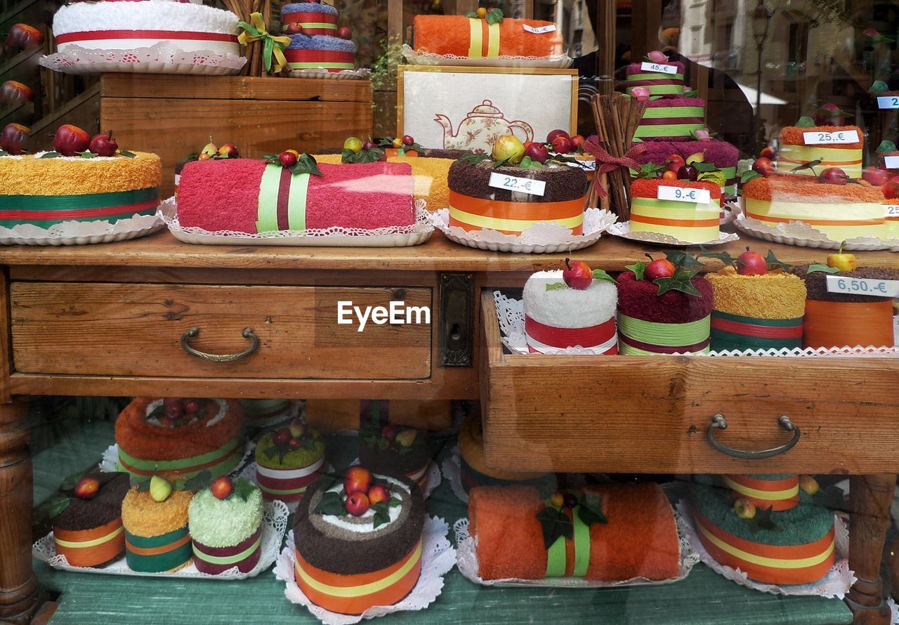 Colorful cakes on display