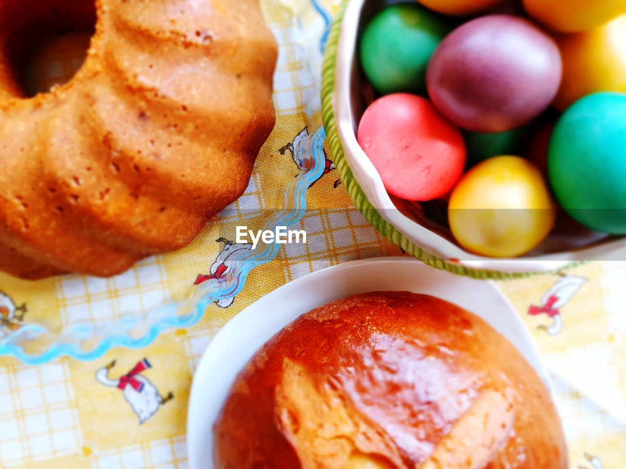 High angle view of easter breakfast on table