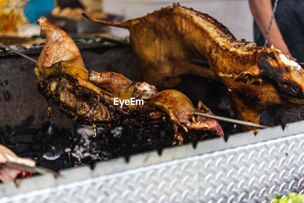CLOSE-UP OF MEAT ON BARBECUE