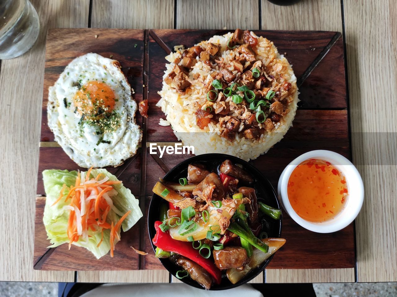 High angle view of food served on table