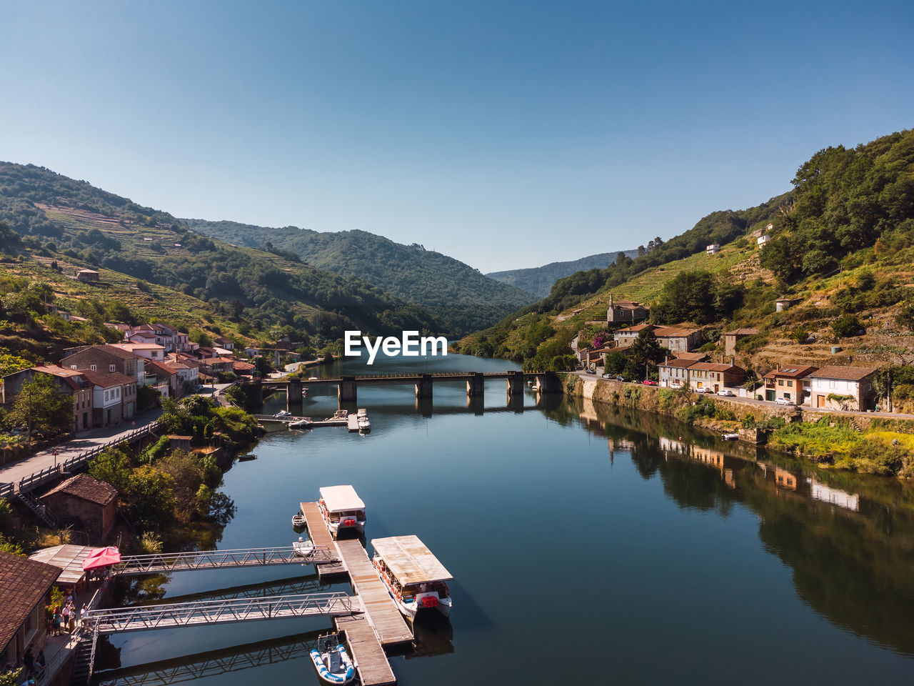 Aerial view drone of the port of belesar in ribeira sacra, galicia - spain