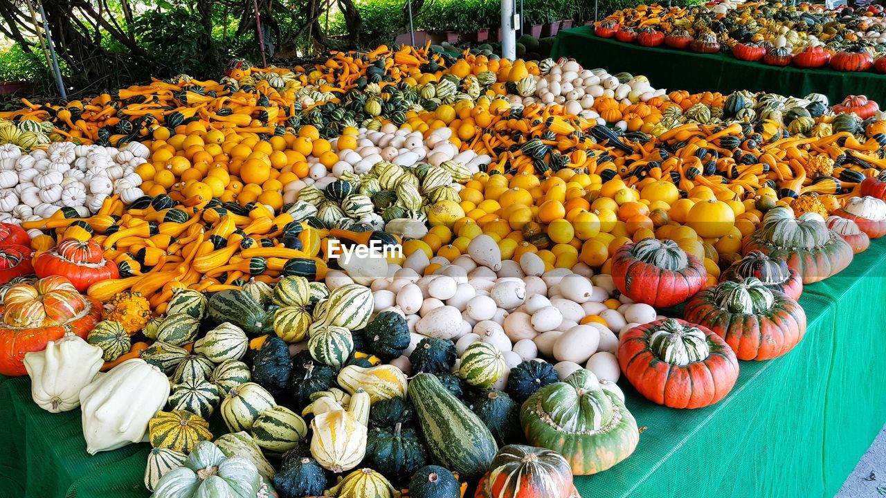 High angle view of pumpkins for sale at market stall.