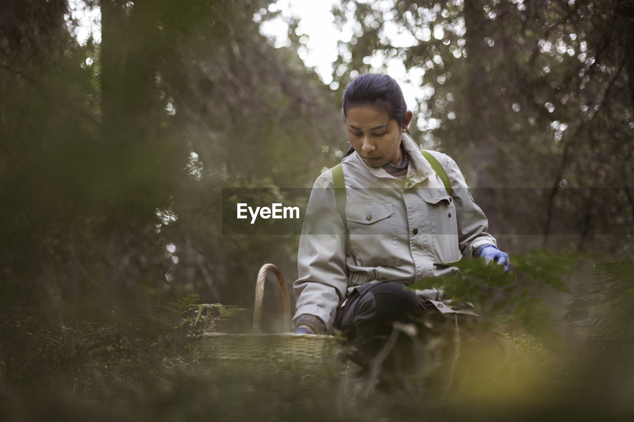 Woman picking mushrooms