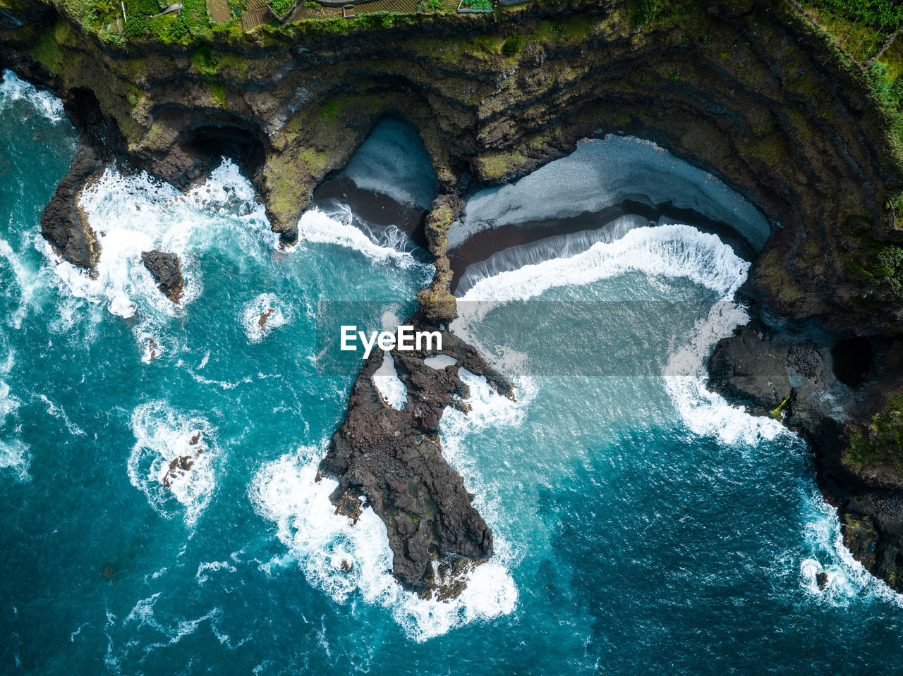 Aerial view at beautiful hidden beach on madeira island, portugal