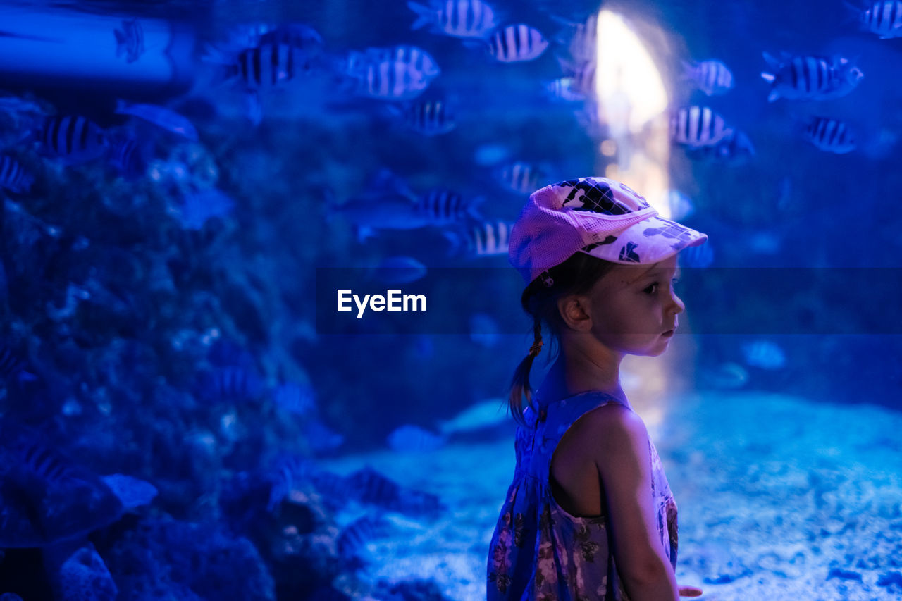 Child is looking at fishes in oceanarium. toddler girl enjoying underwater life in big aquarium in