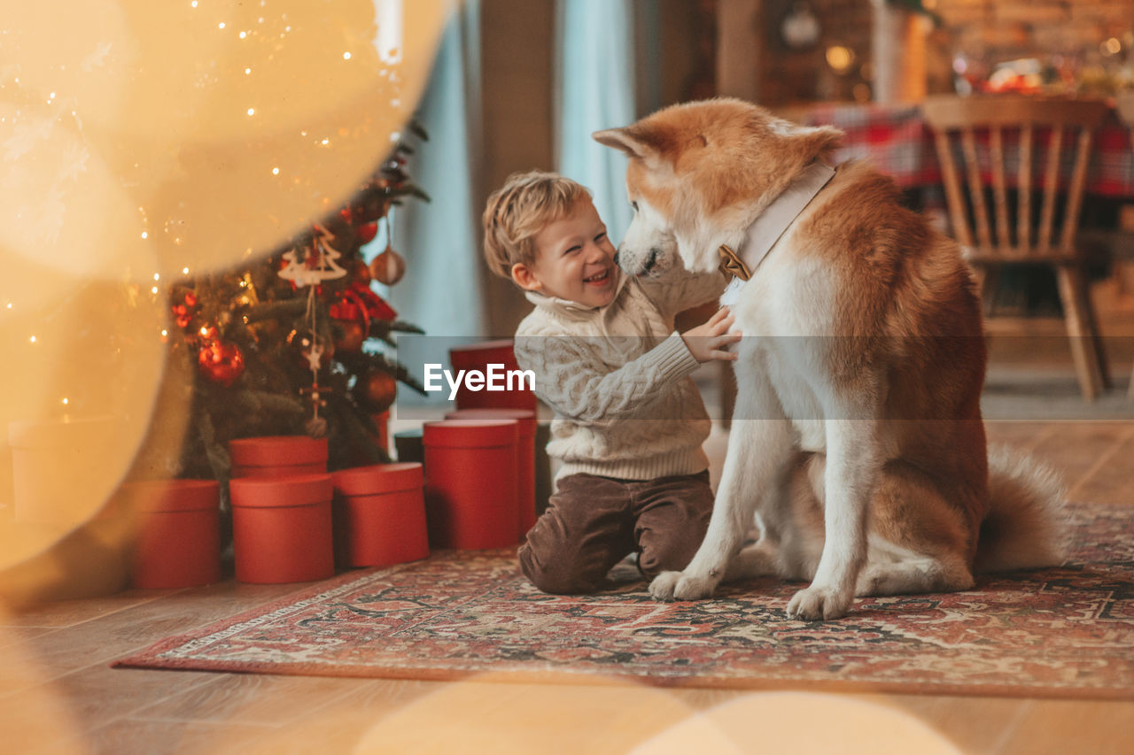 Candid authentic happy little boy in knitted beige sweater hugs dog with bow tie at home on xmas