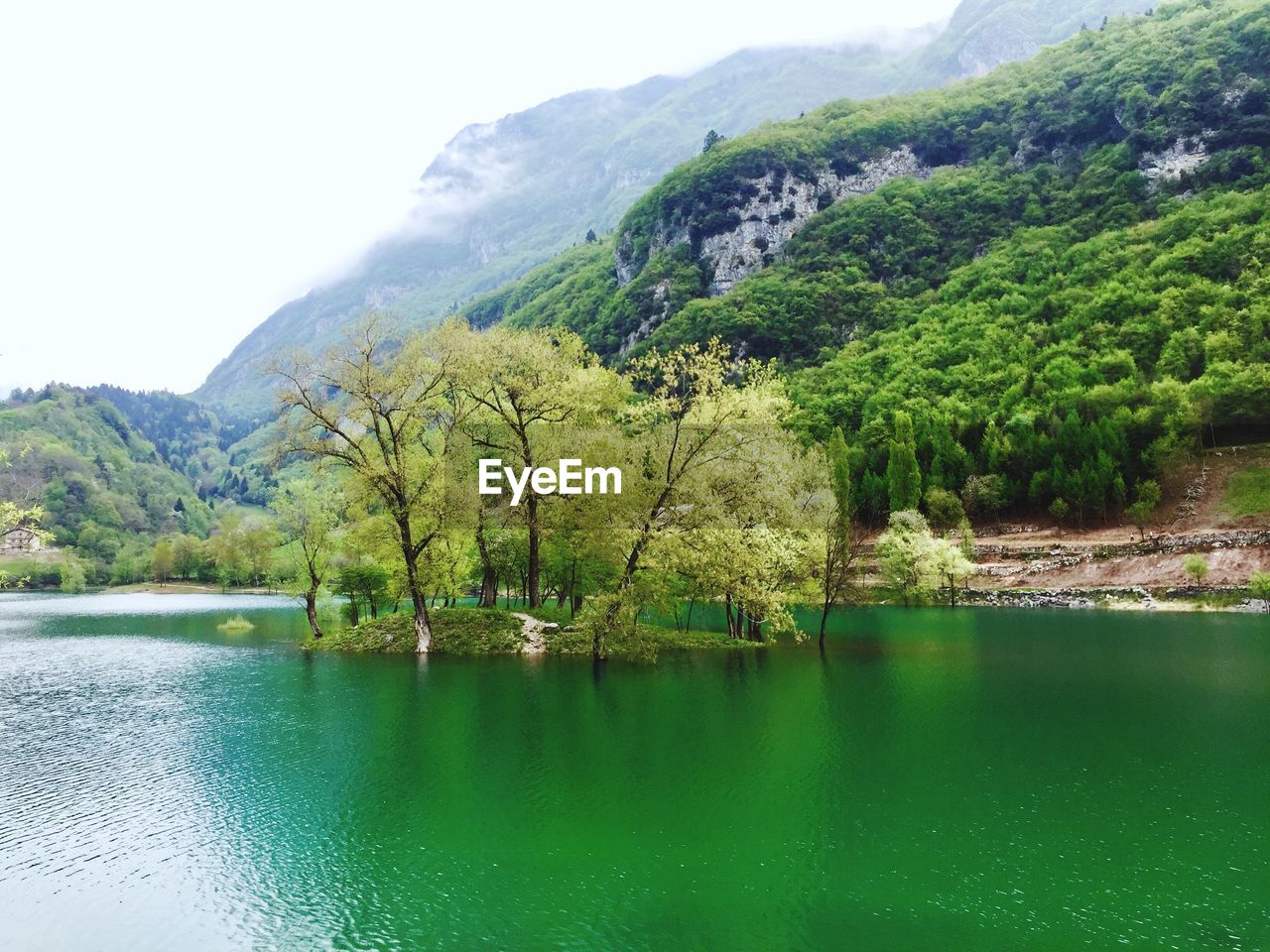 SCENIC VIEW OF LAKE BY TREE MOUNTAINS AGAINST SKY