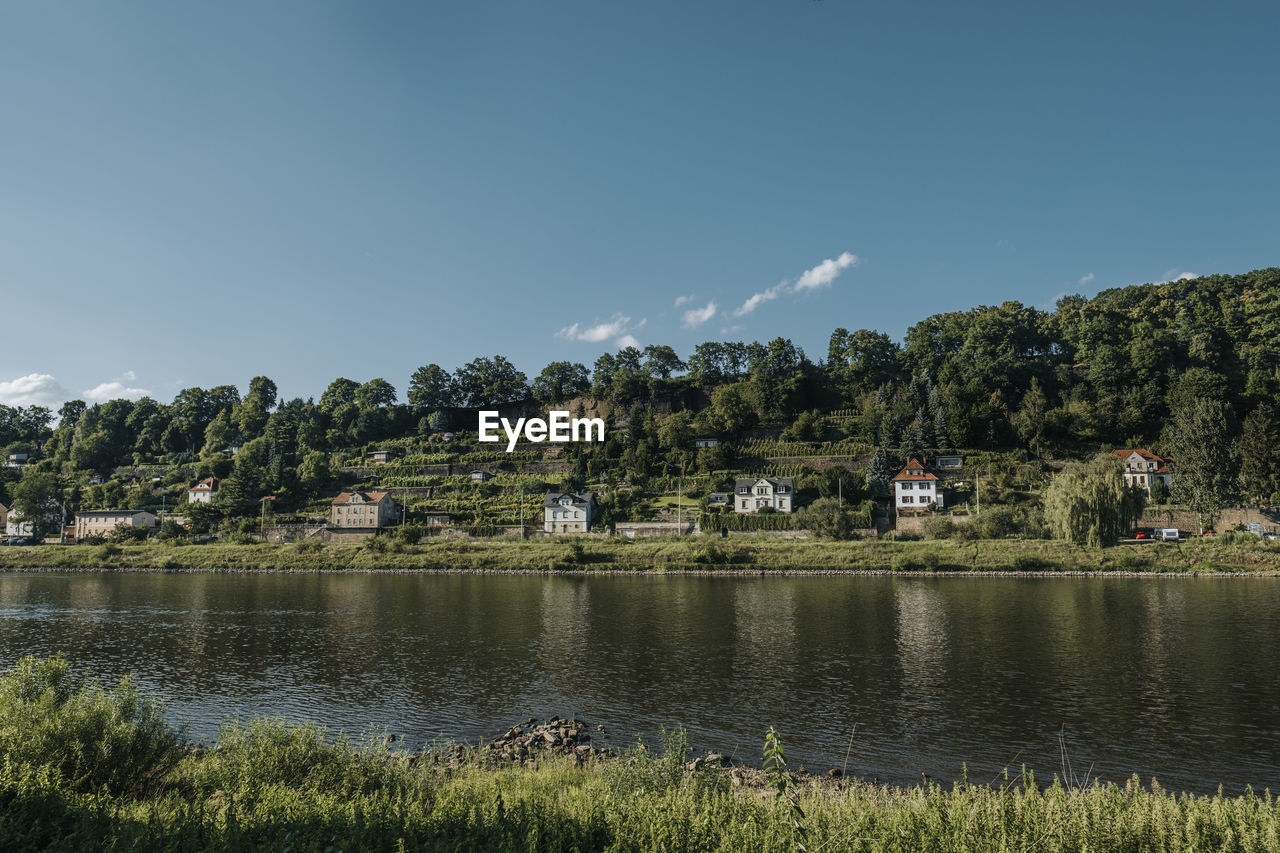 Scenic view of lake by building against sky