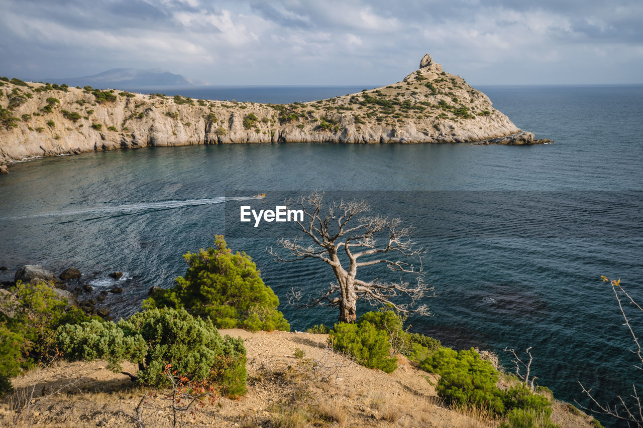 Panorama of cape kapchik near coastline of black sea. novyi svit, crimea