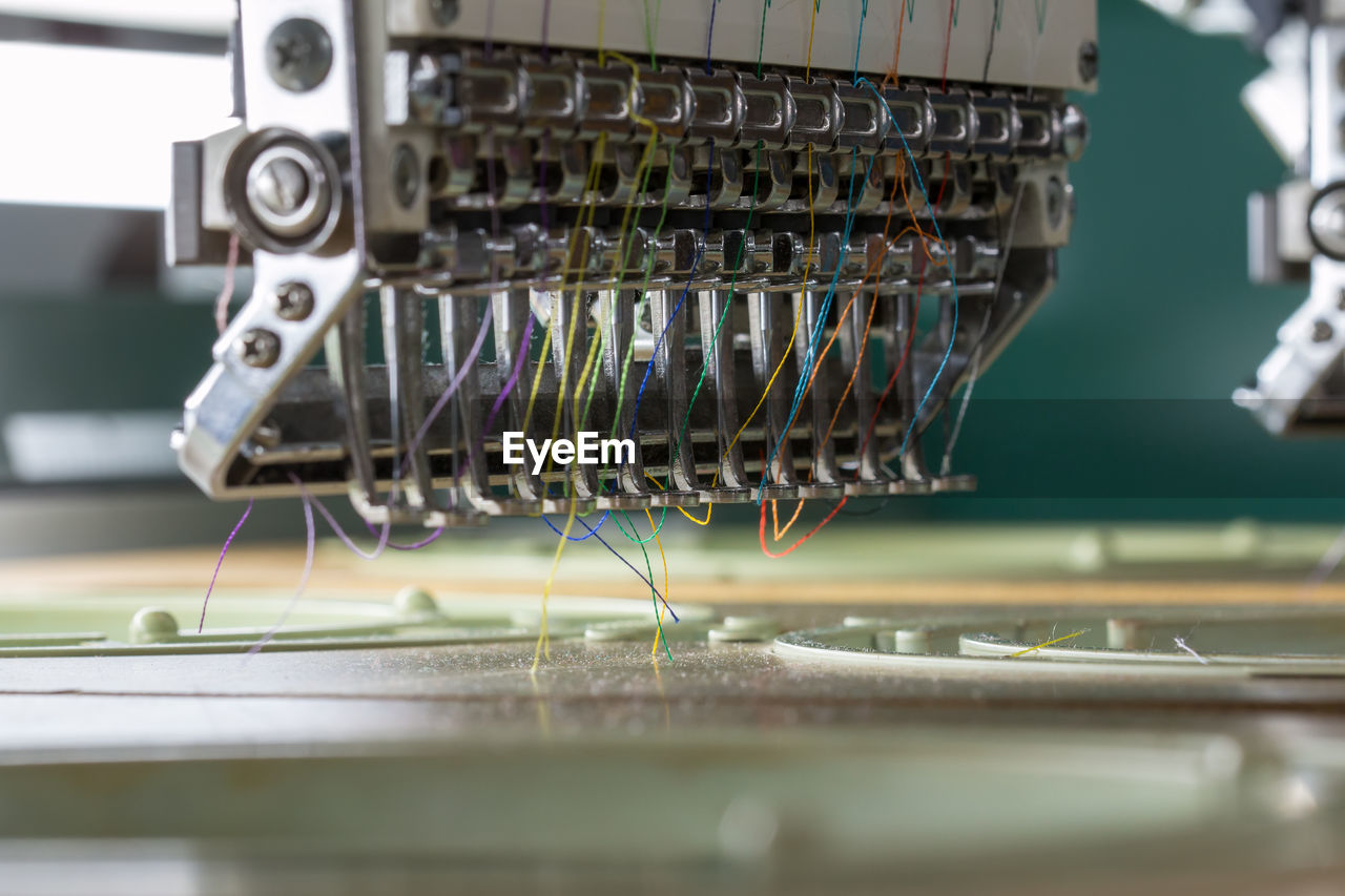 Close-up of machinery in textile industry