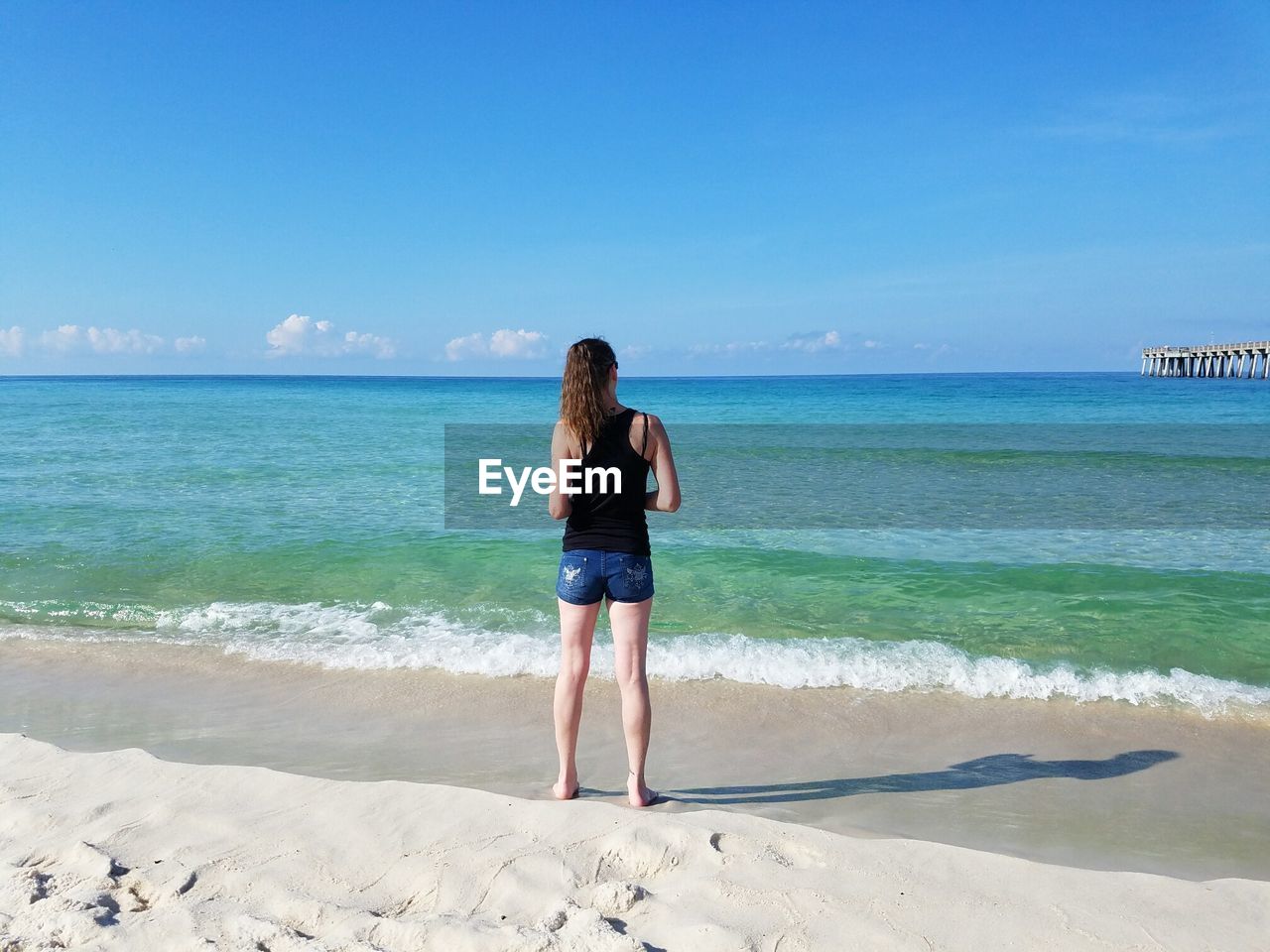 Rear view of woman standing at beach on sunny day