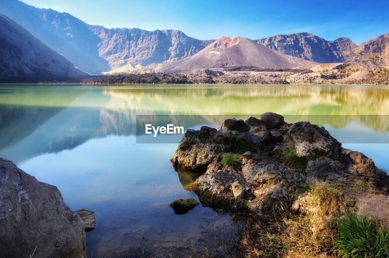 Scenic view of lake and mountains against sky