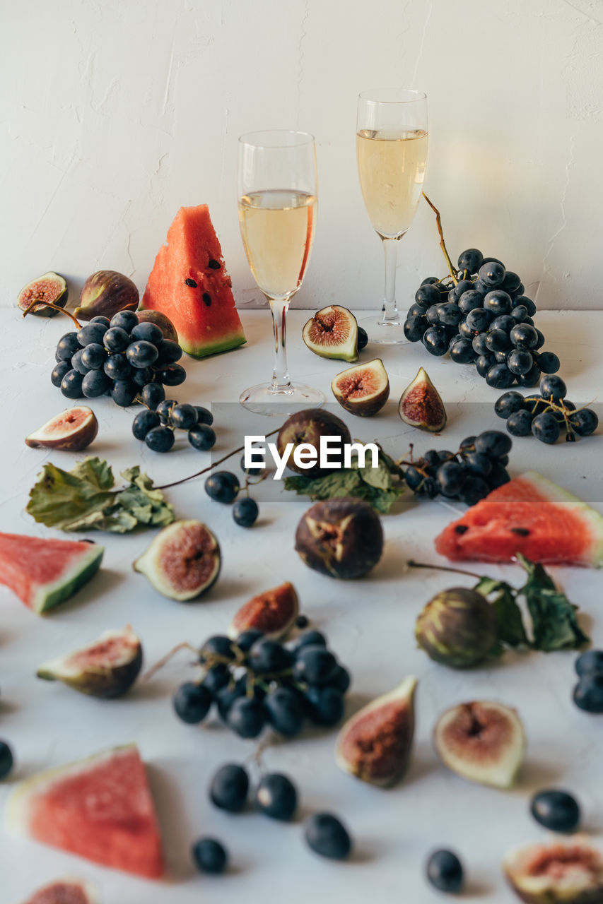 High angle view of fruits served on table