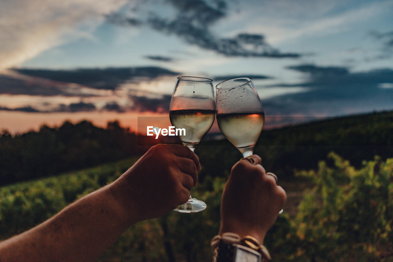 MIDSECTION OF MAN HOLDING WINE GLASS AGAINST SKY