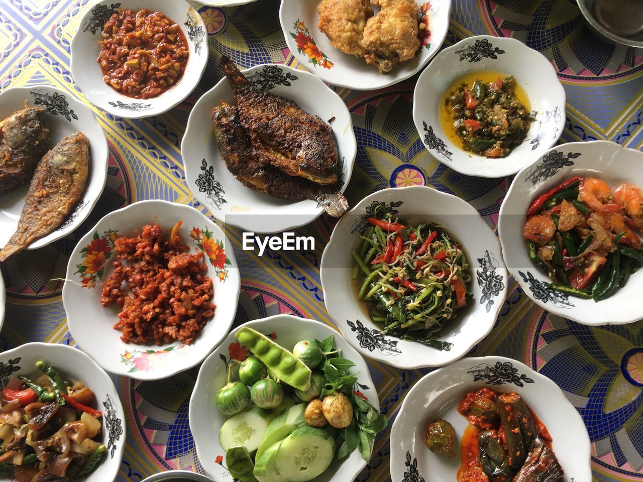 High angle view of food served on table