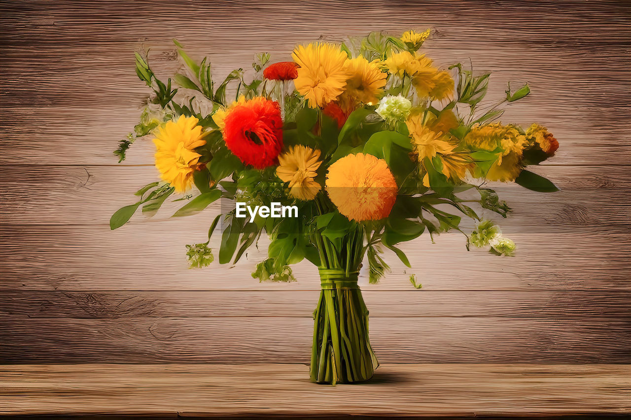 flower, flowering plant, yellow, plant, freshness, nature, wood, floristry, flower head, bouquet, flower arrangement, beauty in nature, arrangement, floral design, painting, indoors, cut flowers, table, vase, no people, fragility, art, still life, inflorescence, bunch of flowers, sunflower, close-up, directly above, orange color, leaf, multi colored, plant part, petal, still life photography, daisy, decoration, ikebana