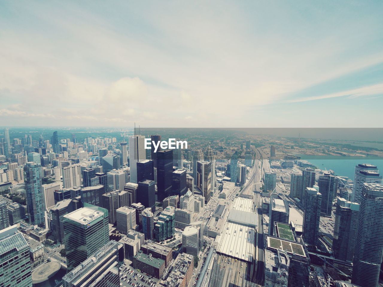 High angle view of buildings in city against sky