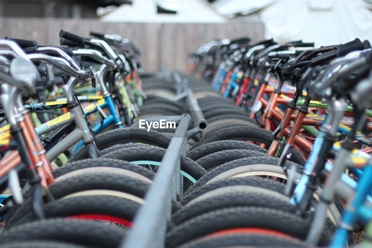 Bicycles parked in row outdoors