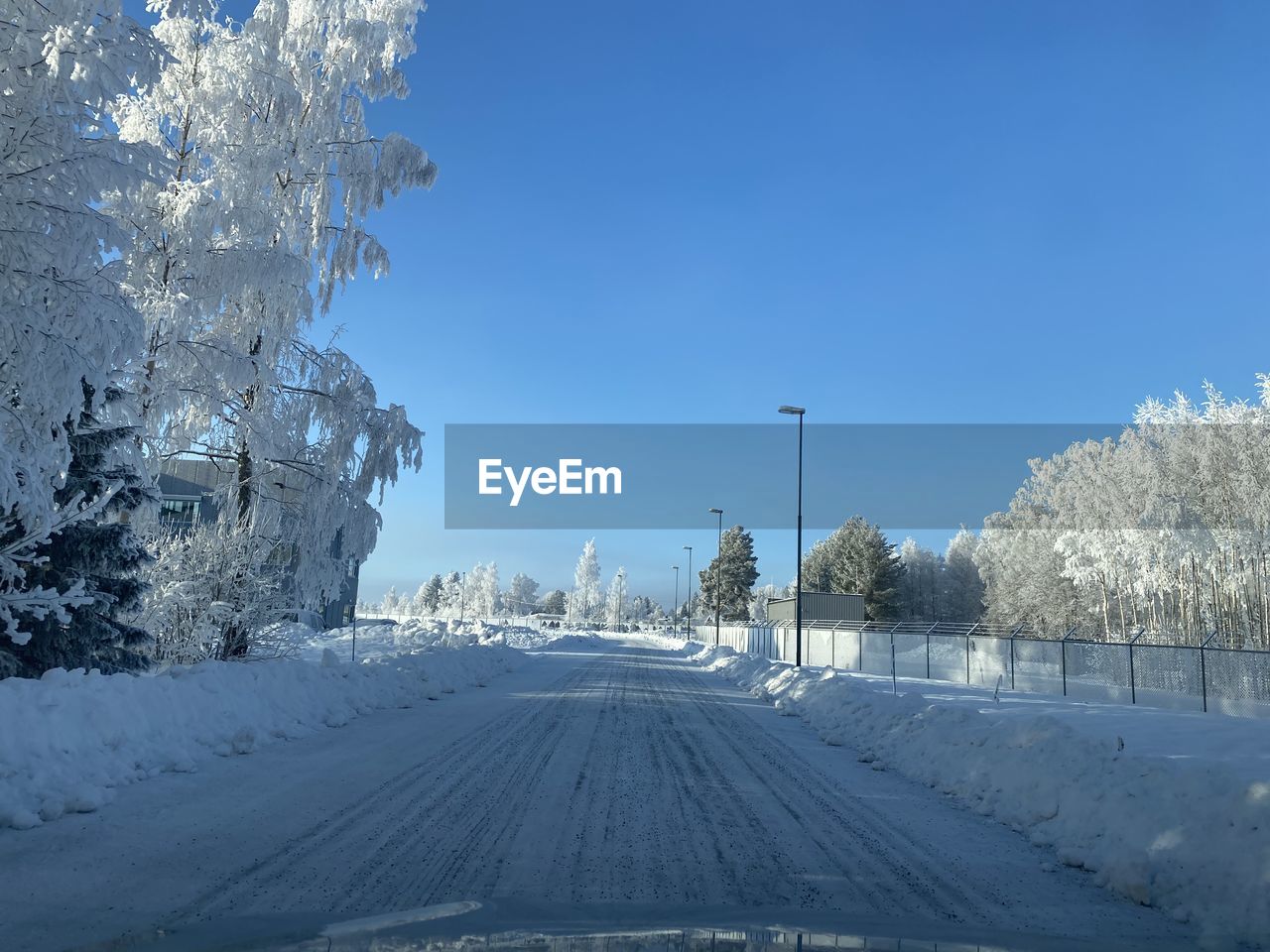 SNOW COVERED ROAD BY TREES AGAINST SKY