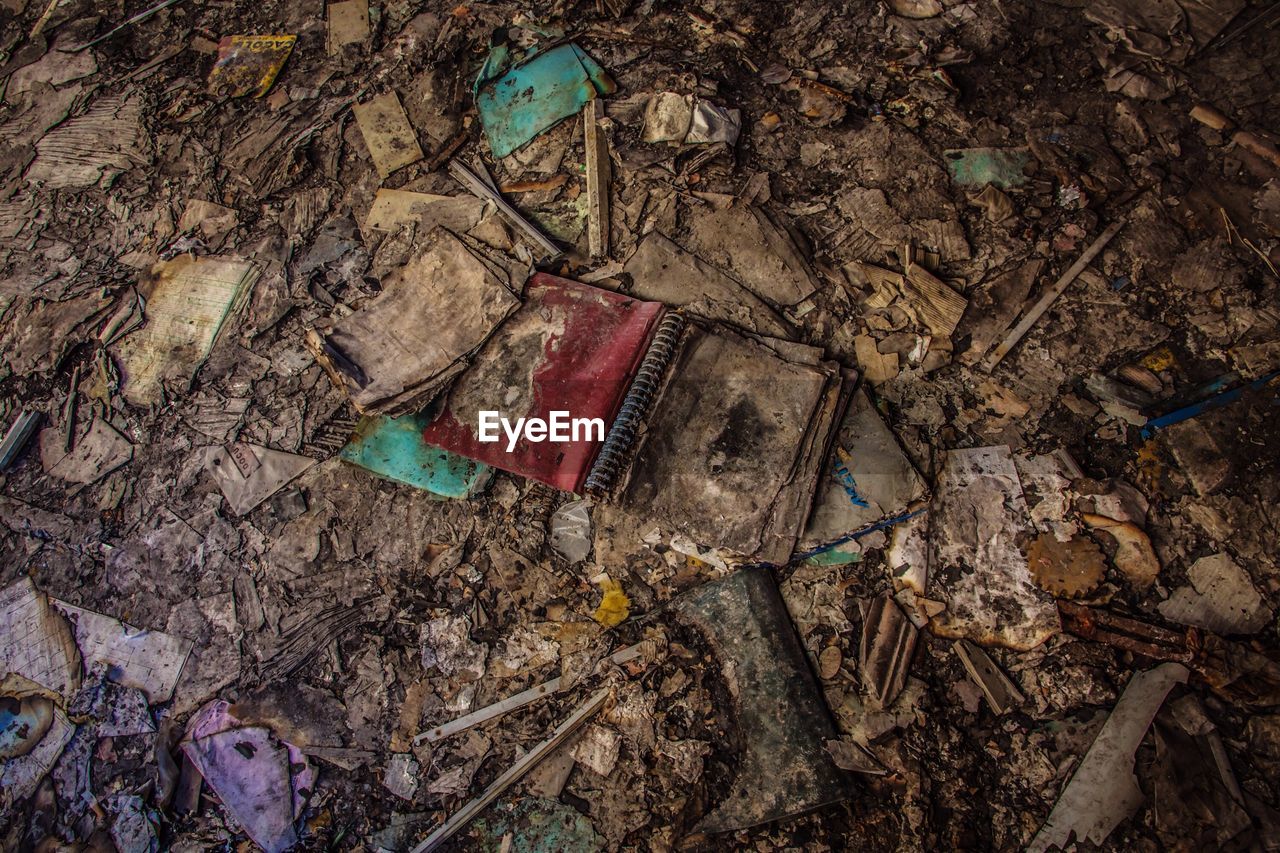 High angle view of garbage on floor