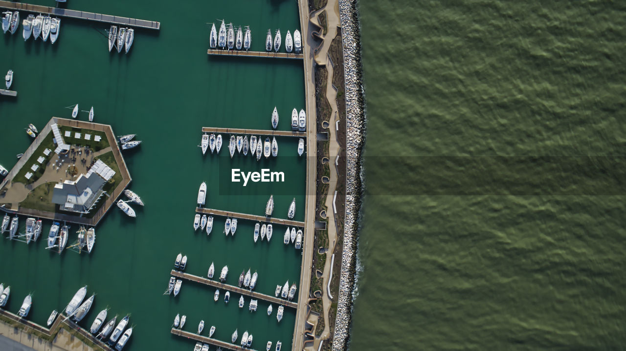 Aerial scenic view of marina and riverside 