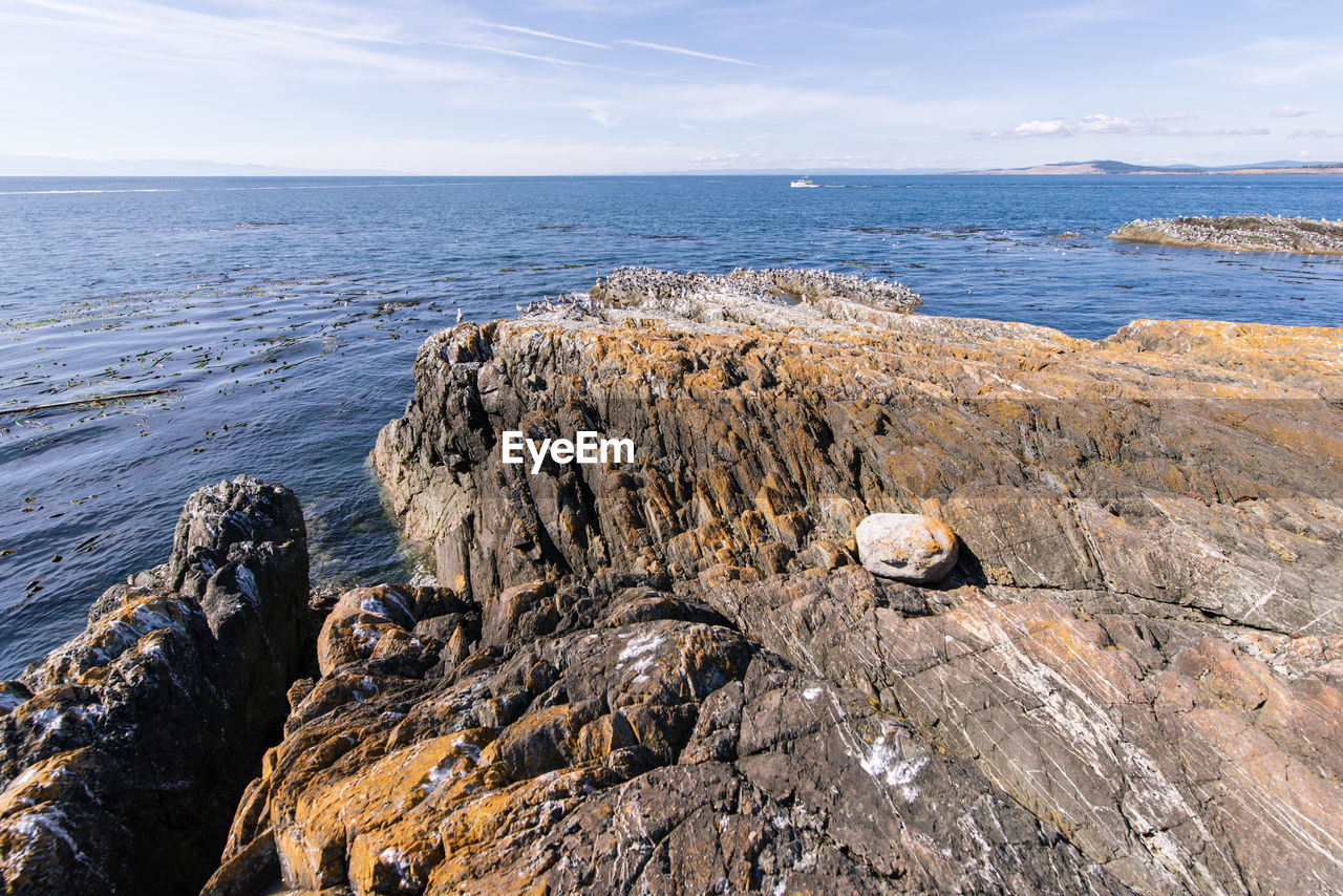 ROCK FORMATIONS ON SHORE AGAINST SKY