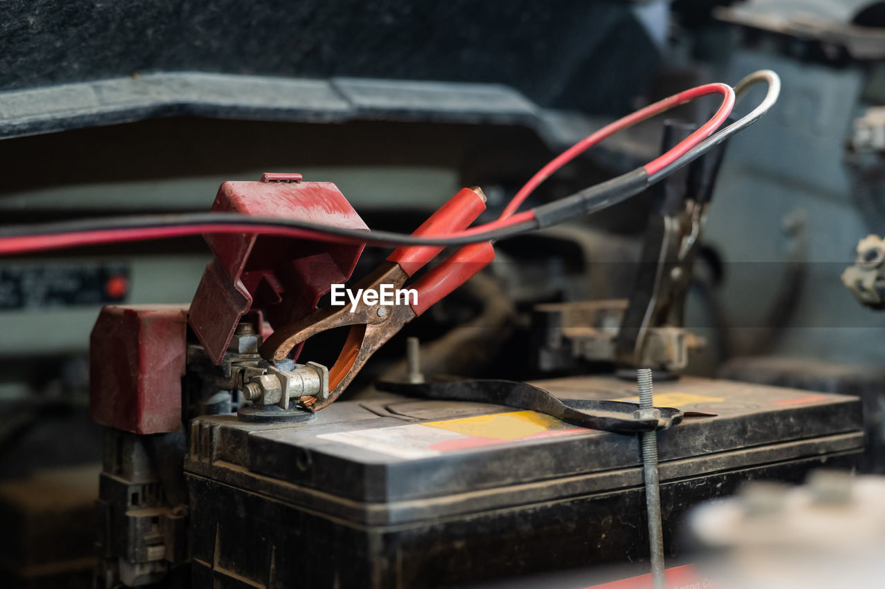 Close-up of a terminal on a car battery