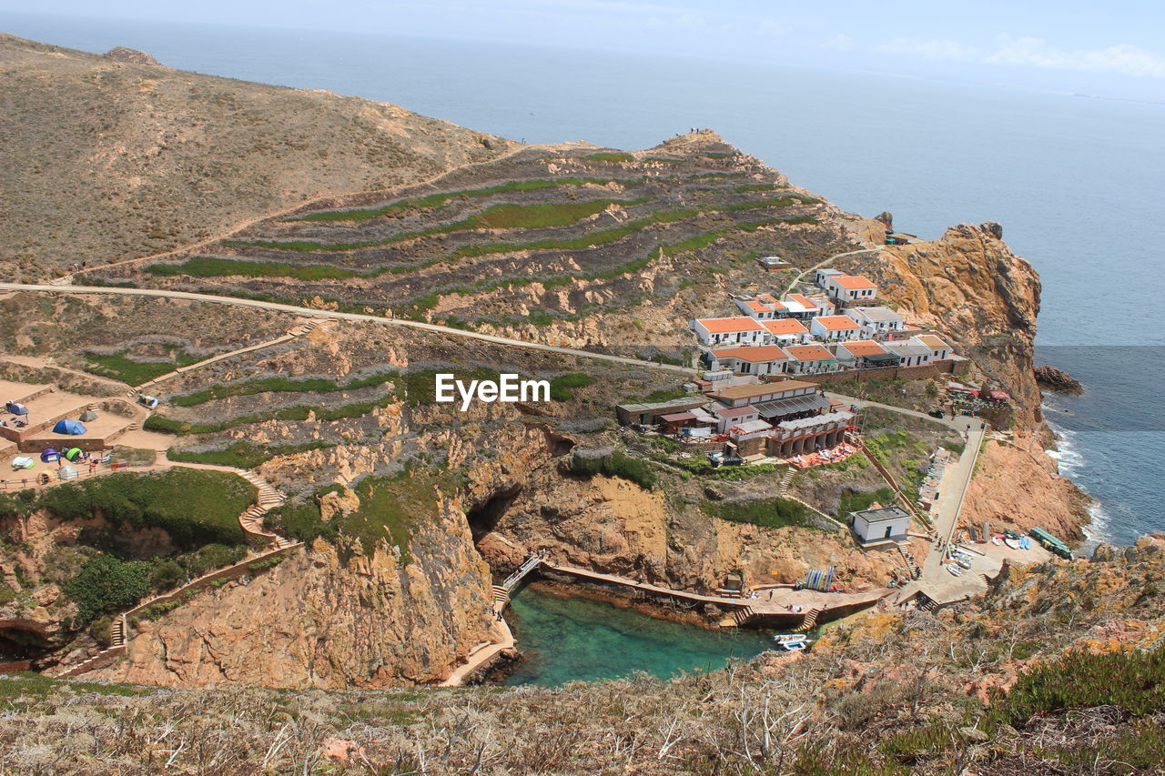 HIGH ANGLE VIEW OF SEA BY MOUNTAIN