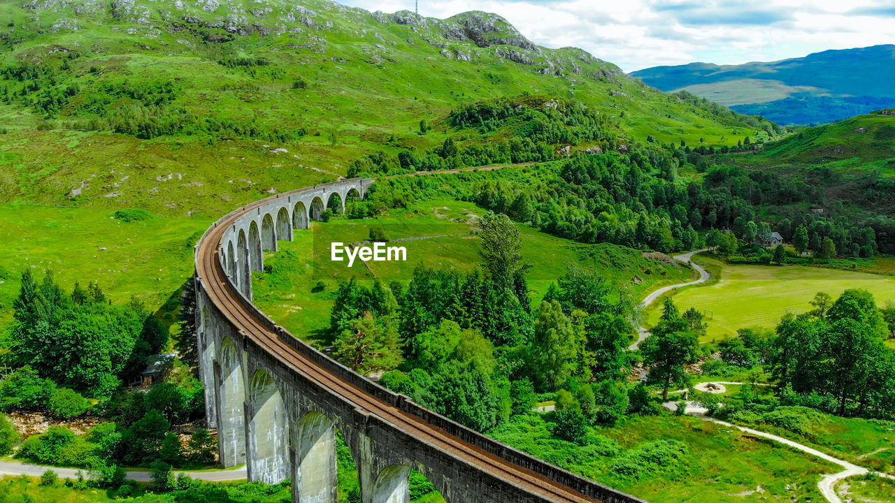 HIGH ANGLE VIEW OF RAILROAD TRACKS ON LANDSCAPE