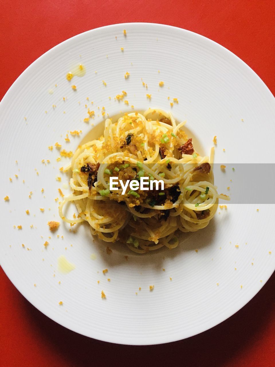 High angle view of food in plate on table