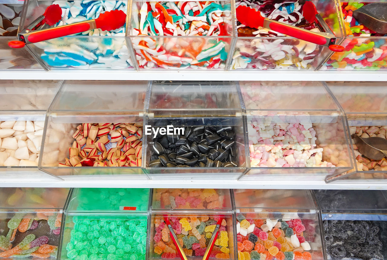 High angle view of various candies on display at store