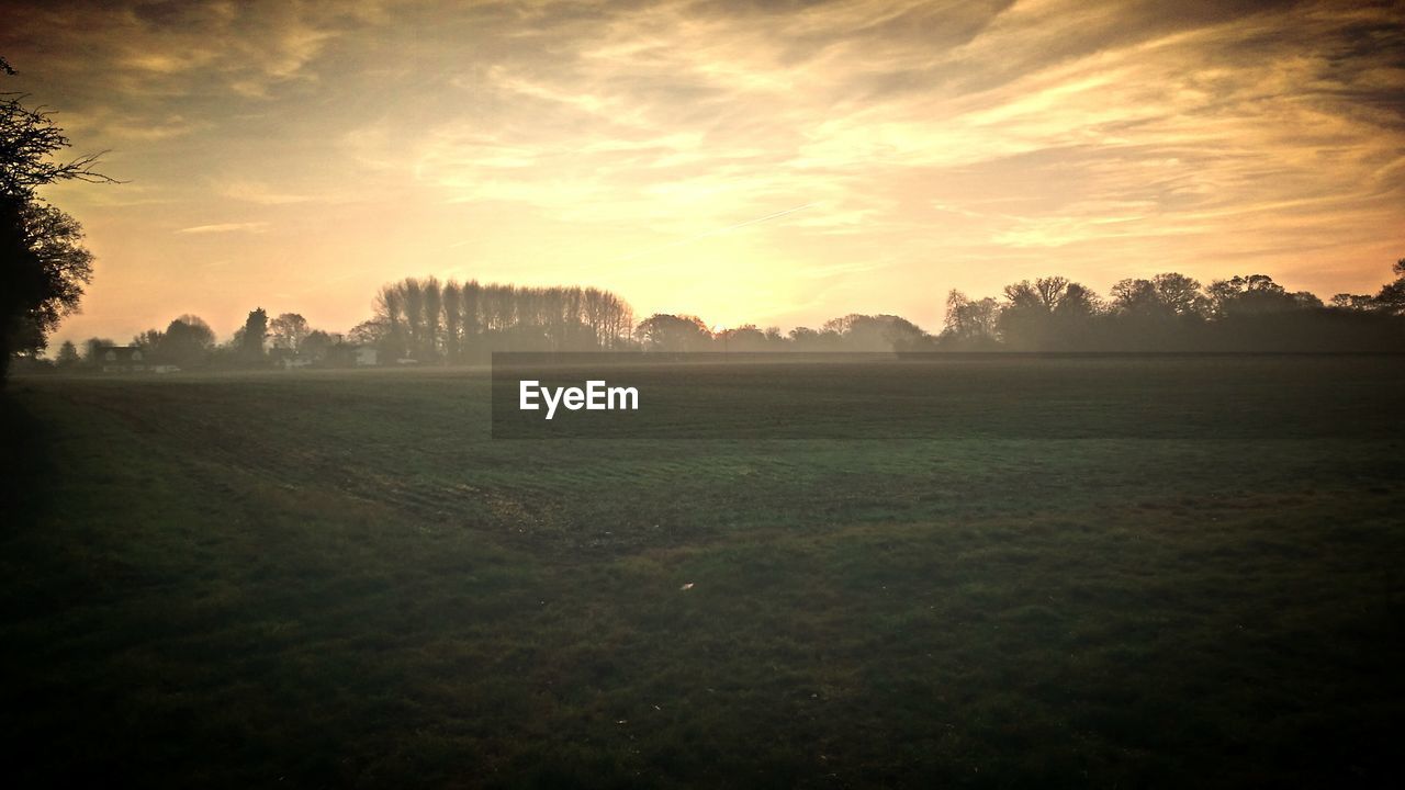 SCENIC VIEW OF AGRICULTURAL FIELD AGAINST SKY DURING SUNSET