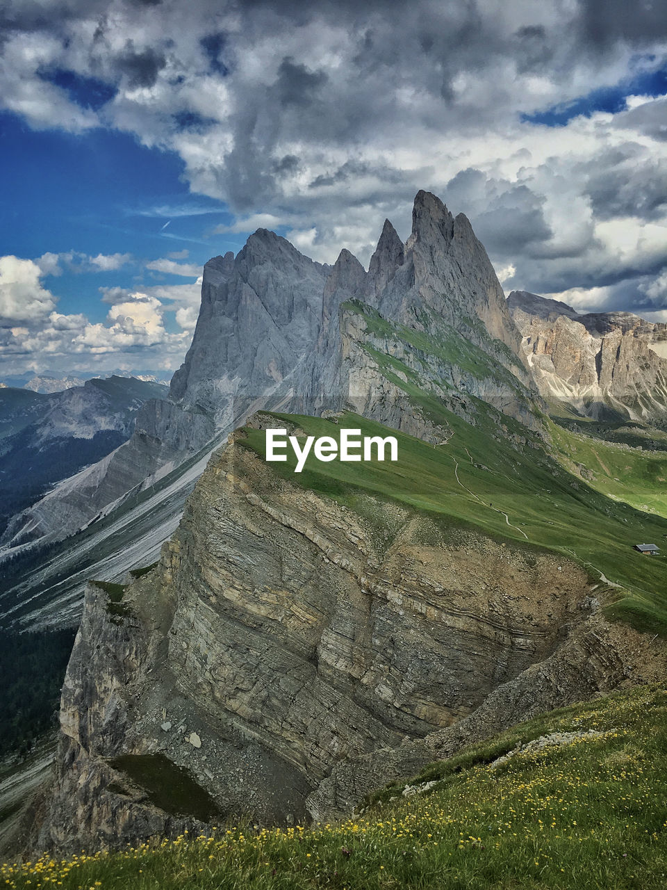 Scenic view of seceda landscape and mountains against sky