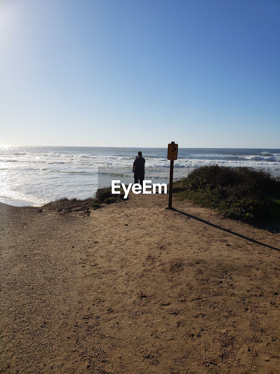 REAR VIEW OF MEN WALKING ON BEACH AGAINST CLEAR SKY