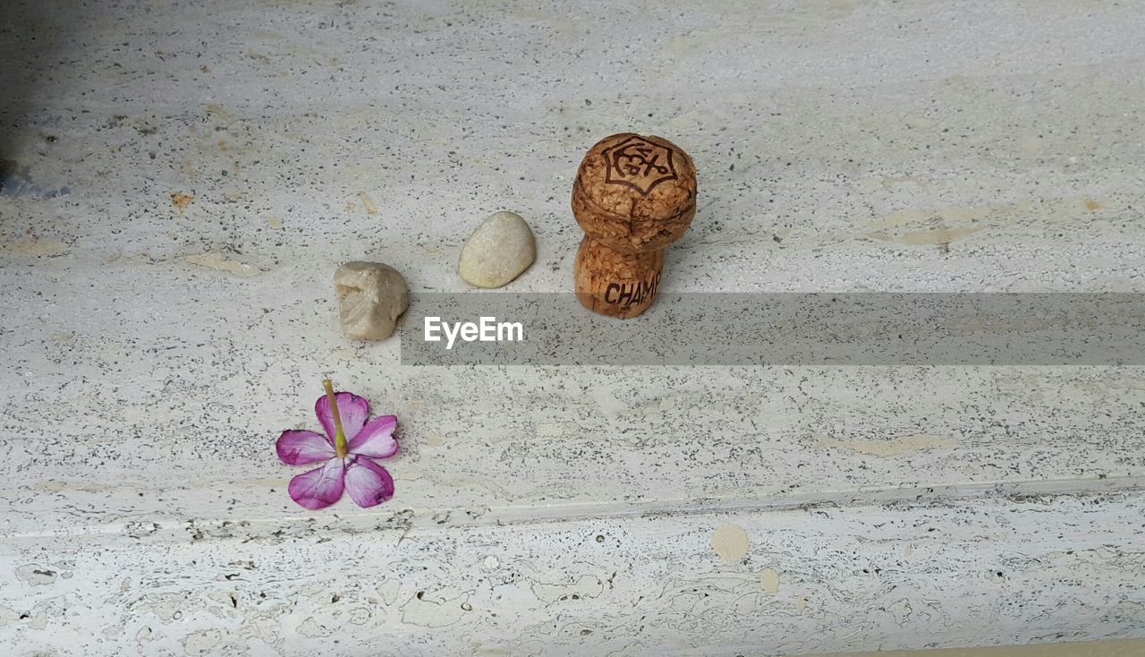 High angle view of objects on table