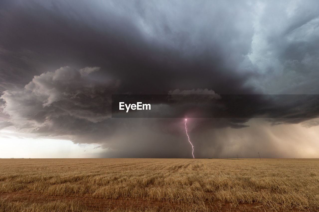 Thunderstorm with lightning and dark storm clouds over a field in texas