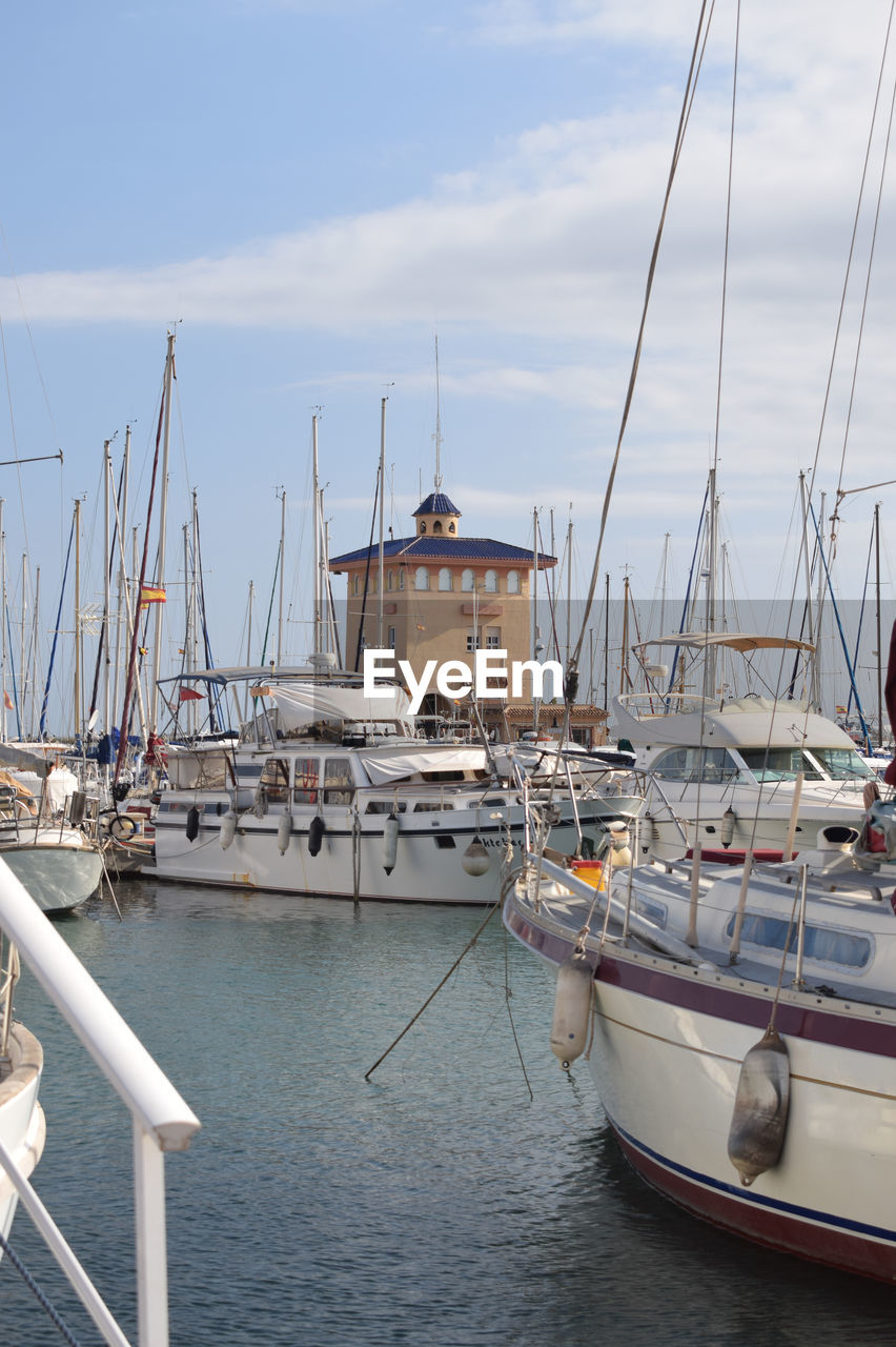 SAILBOATS MOORED IN HARBOR