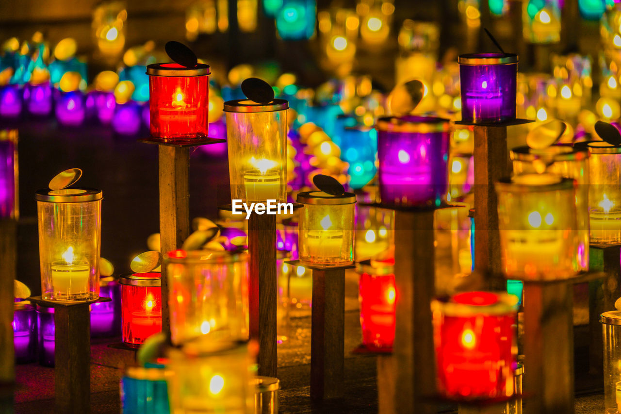 close-up of illuminated lanterns at night