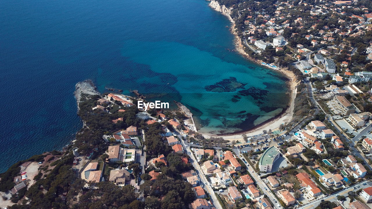 High angle view of beach and buildings in city